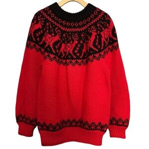 Dale of Norway Vintage Size 42 L Red Black Fair Isle Reindeer Heavy Wool Sweater